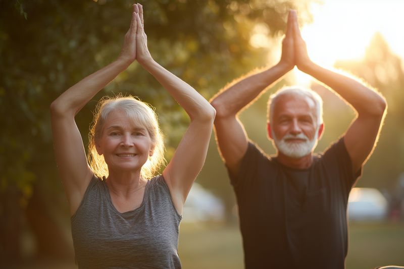 Smiling senior couple practicing outdoor yoga at sunset, raising hands in a meditative pose. Warm golden light highlights their peaceful connection and healthy active lifestyle.