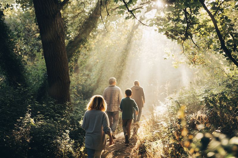 A family walks along a sunlit forest path as warm morning rays filter through trees, creating a peaceful atmosphere of togetherness, nature exploration, and outdoor bonding.