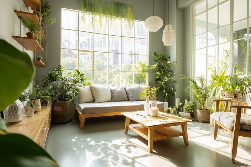 Sunlit living room filled with lush indoor plants, wooden furniture and cozy cushions, creating a peaceful airy atmosphere that blends natural textures with modern minimalist home style.