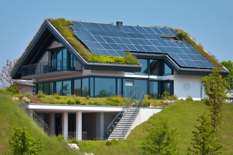 Modern eco friendly house with solar panels on a living green roof, large glass windows and terraces on a grassy hillside showcasing sustainable design and energy efficiency.