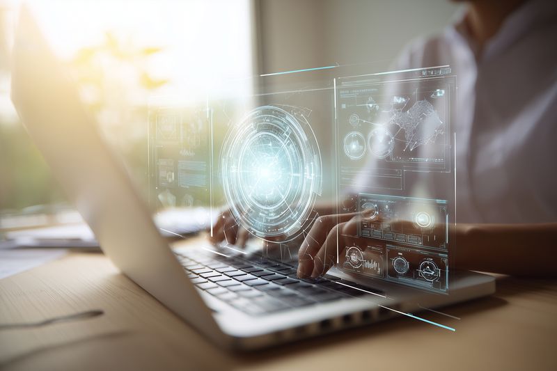 Close-up of hands typing on a laptop with a translucent holographic data interface overlay, depicting digital dashboards, analytics and futuristic visualization for business and remote work.