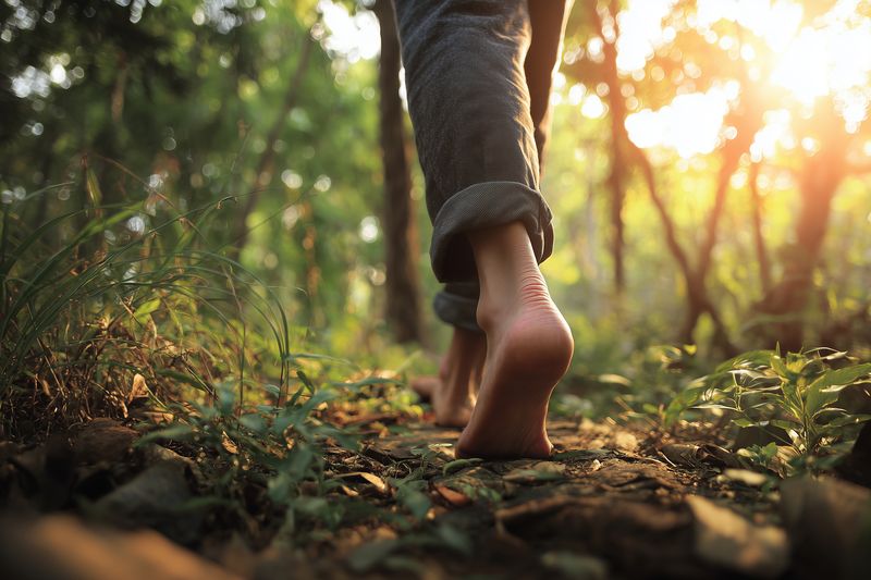 Close-up of barefoot walking on a forest trail at golden sunrise, feet touching mossy ground, evoking nature connection, mindfulness, exploration and peaceful outdoor moment.