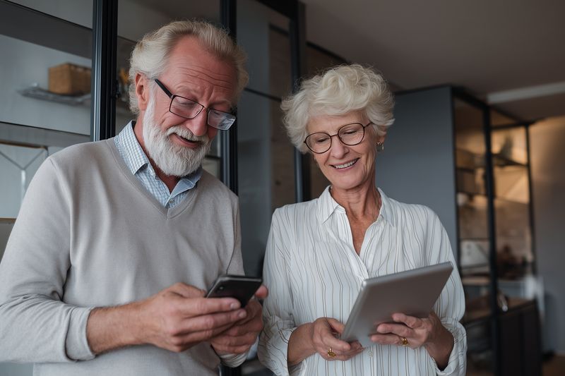 Elderly couple using tablet and smartphone at home, smiling and learning technology together in a bright modern interior, conveying warmth, connection and active lifestyle.