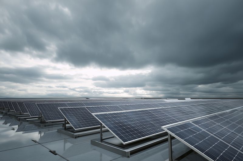 Expansive array of solar panels on a wet reflective rooftop beneath a dramatic overcast sky, conveying renewable energy infrastructure and industrial photovoltaic power generation.