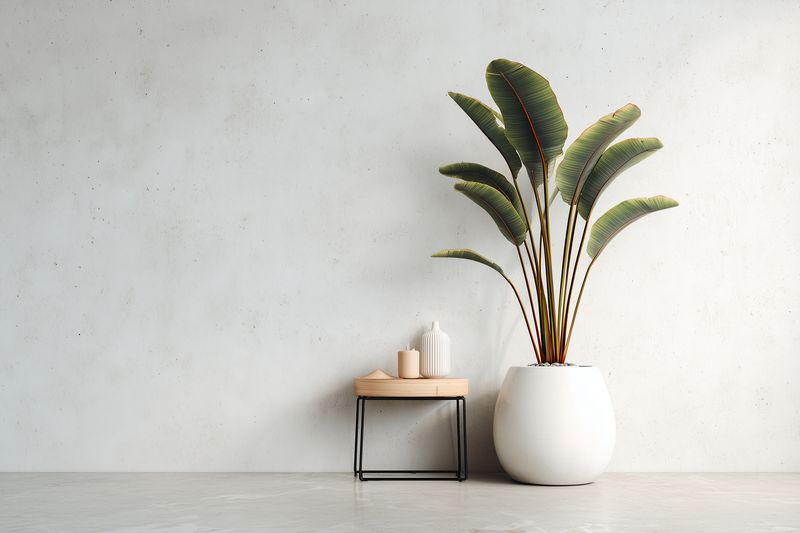 Minimalist interior scene featuring a large potted tropical plant beside a small wooden side table with candles, set against a textured concrete wall for serene modern home styling.