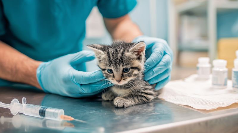 A tiny tabby kitten sits on a stainless steel exam table as gloved hands gently hold it during a veterinary checkup, with syringe and medicine bottles visible nearby.