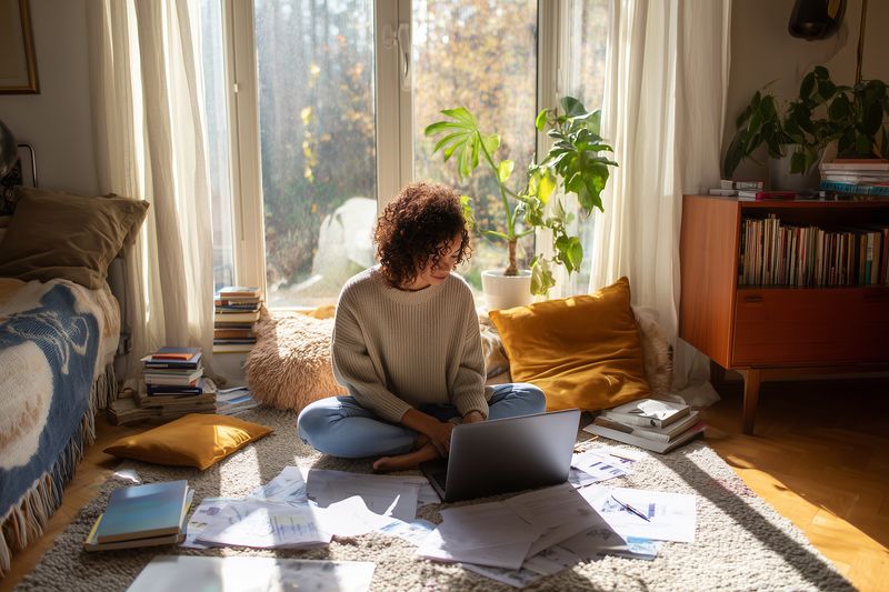 Young woman working on a laptop at home, sitting cross-legged on a carpet surrounded by papers, books and cushions, bathed in warm natural sunlight from large windows and warm textures.
