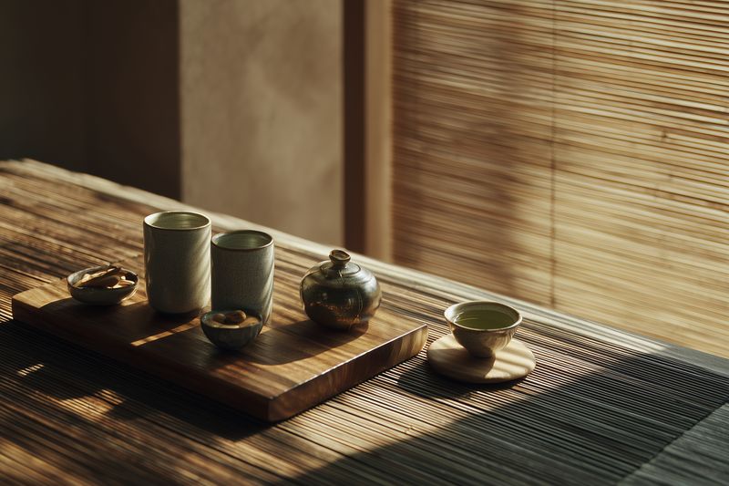 A minimalist ceramic tea set on a wooden tray beside a small teacup, placed on a woven table mat with soft sunlight and delicate shadows creating a peaceful mood.