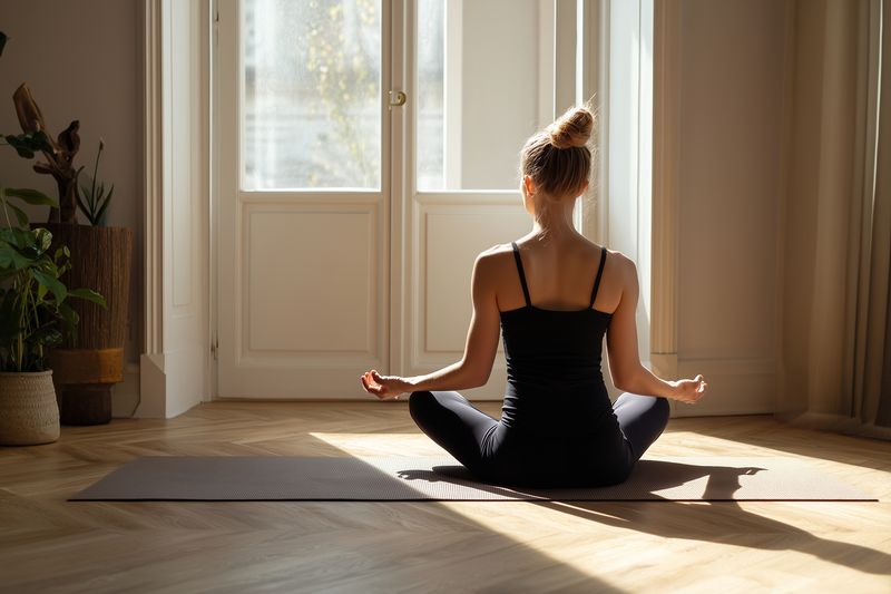 Young woman practicing seated meditation on a mat in a sunlit room, calm posture facing windows, warm morning light filling the peaceful indoor space for yoga and mindfulness.