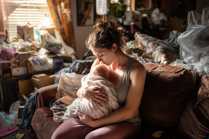 Young mother sits on a worn sofa breastfeeding her infant in a dim, cluttered living room filled with household items, soft natural light filtering through window blinds.