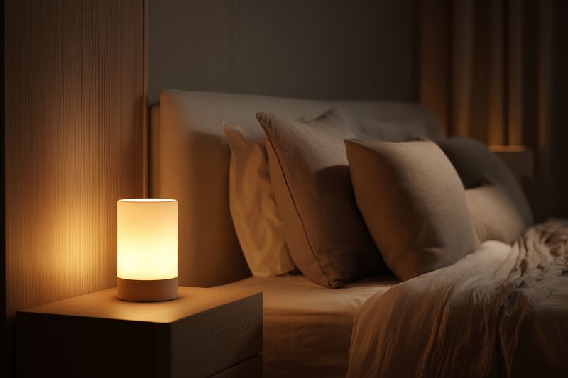 Warm ambient light from a modern bedside lamp softly illuminates a minimalist bedroom with layered pillows, textured wall panels, and a cozy unmade bed at night.