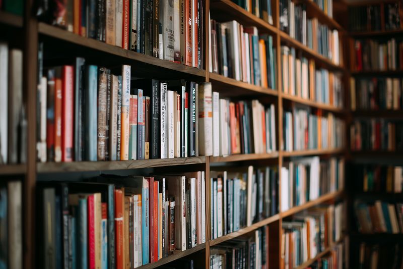 Closeup of wooden bookshelves filled with assorted books in a cozy library interior, shallow depth of field emphasizes textured book spines, warm tones and organized rows.