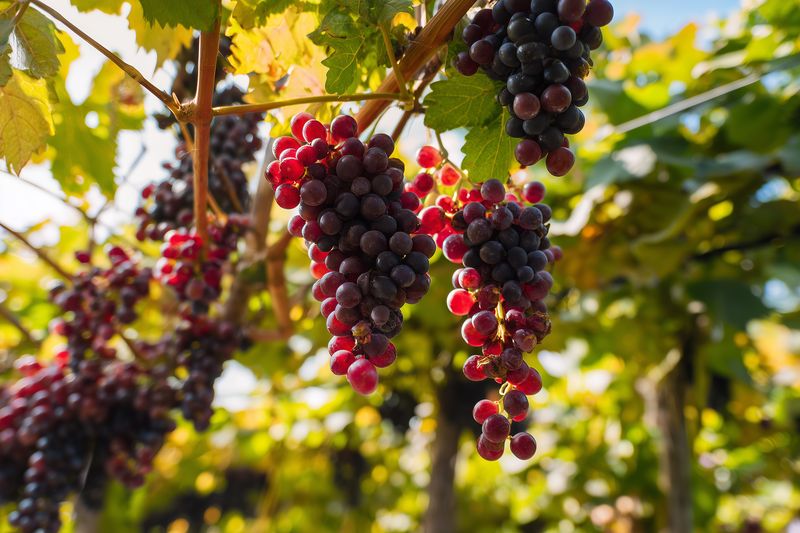 Ripe red grape clusters hang from sunlit vines in a lush vineyard, showcasing fresh fruit texture and natural leaves with warm backlight and seasonal harvest atmosphere.