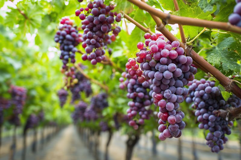 Ripe purple grape clusters hang from verdant vines in neat vineyard rows, bathed in soft sunlight and dewdrops, illustrating seasonal abundance and sustainable agricultural production.