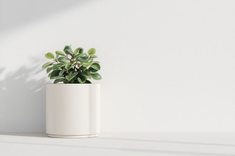 Minimal still life featuring a small green potted plant on a white surface against a textured white wall, soft natural light and subtle shadows creating a serene modern interior scene