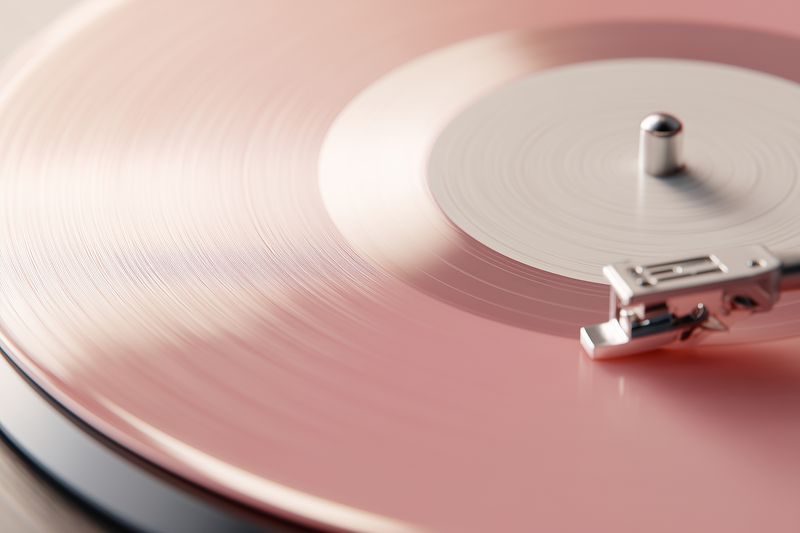Close-up of a pink vinyl record on a turntable showing textured grooves and a stylus touching the disc, capturing retro analog music charm and tactile vintage sound details.