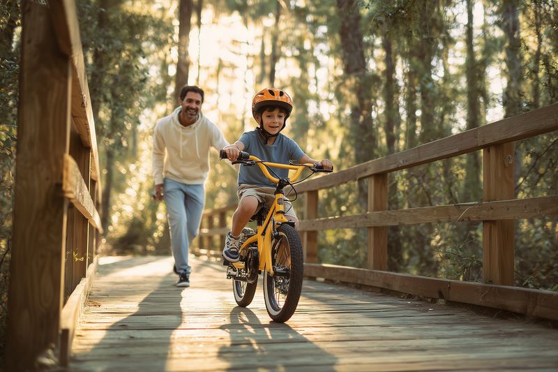 Father teaches son to ride a bicycle on a sunlit wooden bridge in a forest, a joyful moment of learning and bonding with warm natural light and protective helmet.