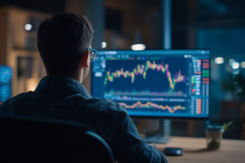 A focused professional studies colorful financial charts on a large monitor in a dimly lit home office, analyzing market data, trends and indicators during late night trading.