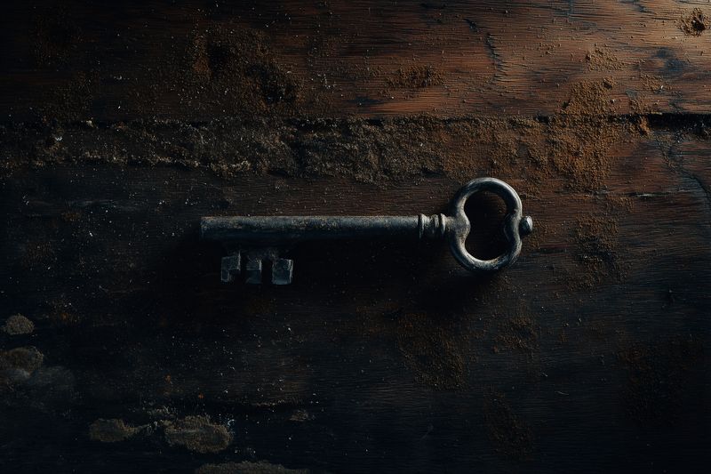 A vintage iron key rests on a weathered wooden surface, dramatic low light reveals rough texture and patina, evoking mystery, history and antique charm in a moody composition.