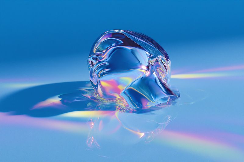 Iridescent melting ice on a metallic blue surface, producing soft rainbow reflections and subtle highlights; a minimal futuristic still-life close-up with glossy textures and serene light.