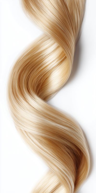 Close-up of long silky blonde hair twisted into a smooth spiral, showcasing shine, texture and healthy strands against a clean white background ideal for beauty and haircare visuals.