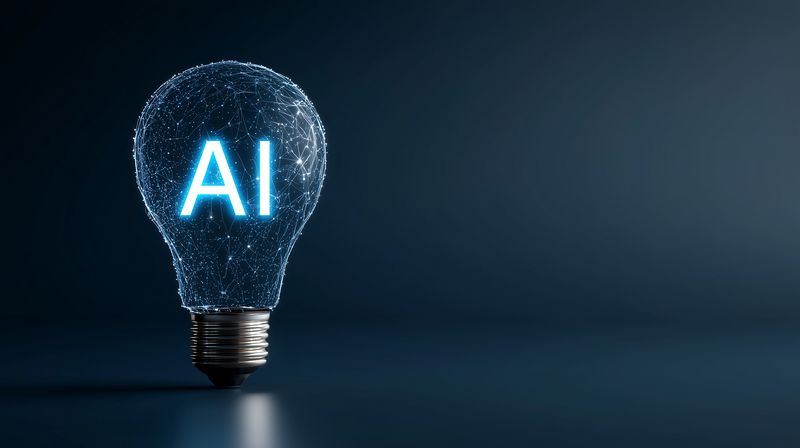 Glowing digital lightbulb with AI letters formed by particles and network connections, symbolizing artificial intelligence, innovation, creativity and futuristic technology concepts in blue tones.