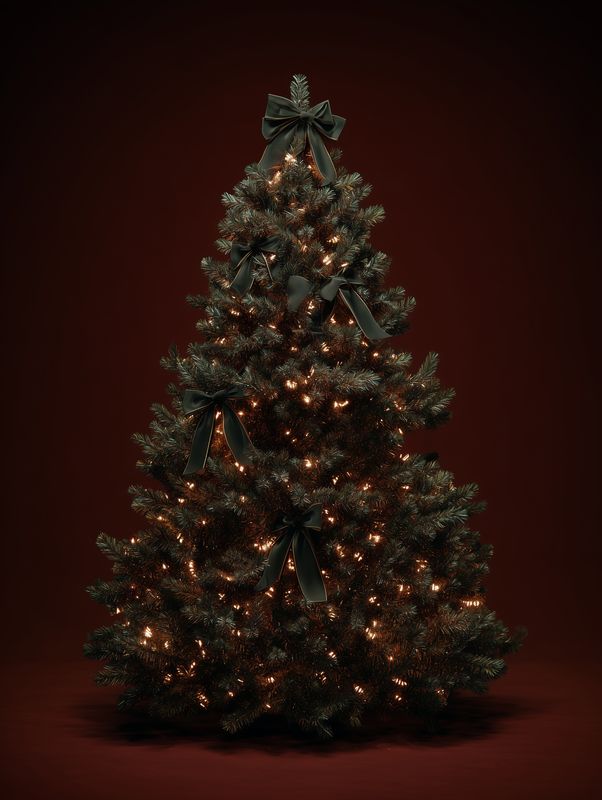 A classic decorated Christmas tree with warm twinkling lights and dark velvet bows set against a rich brown backdrop, evoking a cozy holiday atmosphere and elegant seasonal charm.