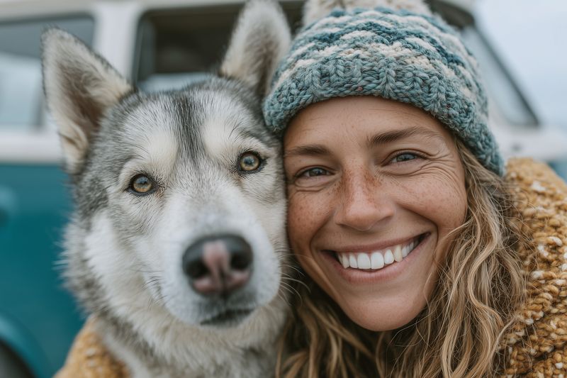Close-up portrait of a smiling woman and her husky dog snuggling together in cozy winter clothing and knitted beanie, conveying warmth, companionship and outdoor adventure spirit.