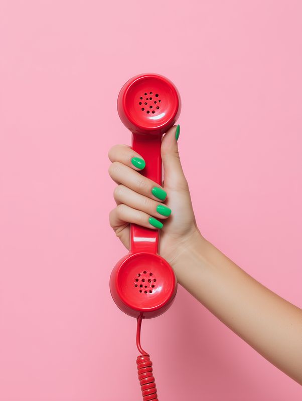 Close-up of a hand with bright green manicure holding a red retro telephone handset against a pastel pink background, creating a bold colorful pop art composition.
