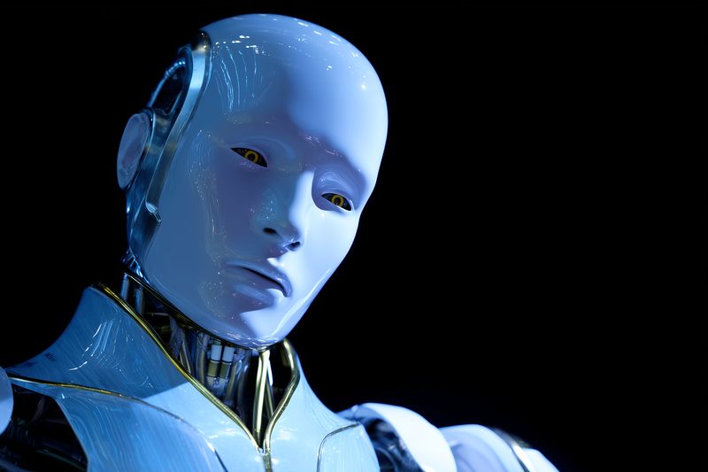 Close-up of a futuristic humanoid robot with a glossy white face and visible mechanical components, illuminated by cool blue light to convey artificial intelligence and advanced technology.