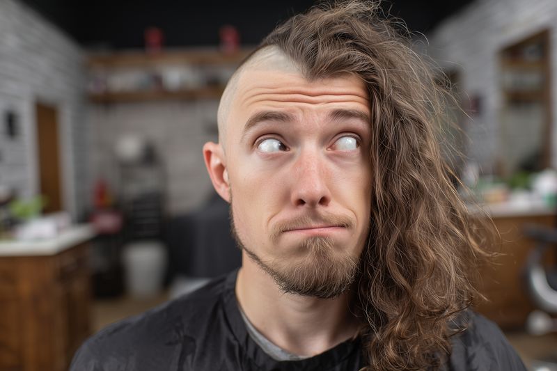 Young man with half shaved head and long curly hair on one side makes a puzzled expression in a barber shop interior, showcasing an edgy haircut transformation and personality.