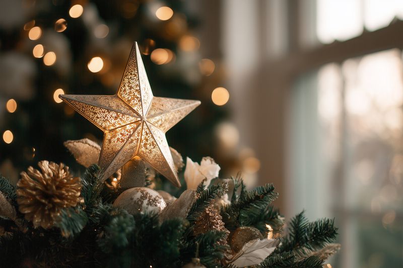 Close-up of a decorated Christmas tree featuring a glowing gold star topper and glittering ornaments nestled among pine branches with warm bokeh lights, creating a cozy holiday atmosphere.