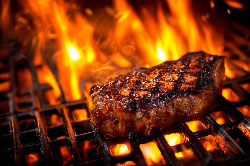 Close-up of a juicy steak searing on a charcoal grill with dramatic flames and glowing coals, showcasing char marks, rich texture, and sizzling juices in a mouthwatering barbecue scene.