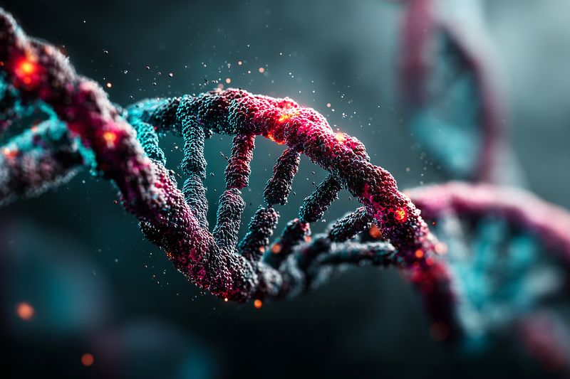 Close-up of a glowing DNA double helix with textured strands and luminous particles, a scientific concept image highlighting genetic structure, molecular detail and dramatic lighting.