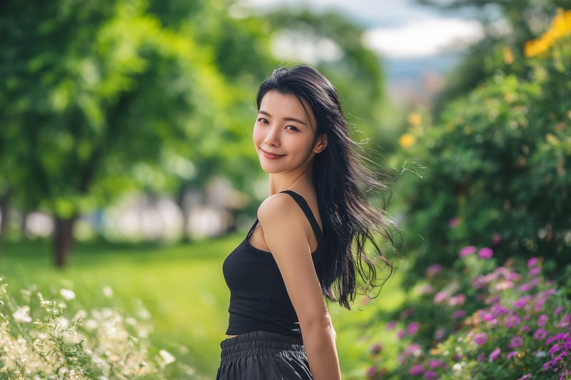 Young woman in a black summer dress smiles while standing in a sunlit garden with blooming flowers and green foliage, hair gently blowing in the warm breeze on a bright summer day.