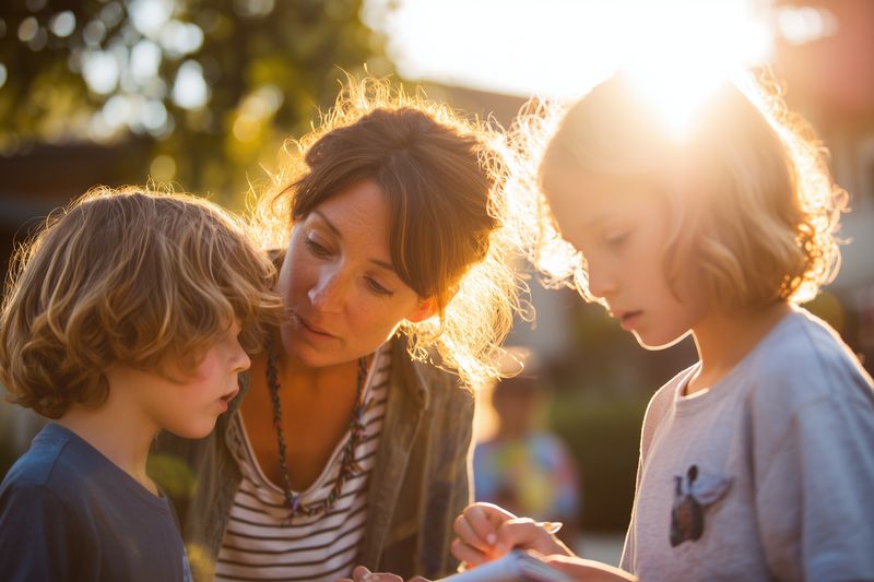 Warm golden hour portrait of a mother gently teaching and listening to two children outdoors, capturing tender family interaction, nurturing guidance and spontaneous childhood moments.