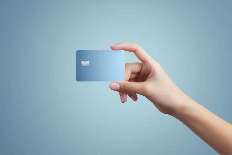 Close-up of a hand holding a blank blue credit card against a soft gradient background, conveying payment, banking, membership, finance, security, and minimalist modern concept.