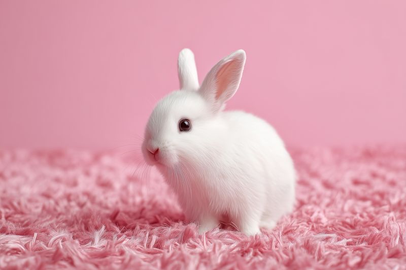 Adorable fluffy white baby rabbit sitting on a soft pink textured surface with curious ears upright, studio portrait capturing delicate fur and gentle expression in a pastel setting.