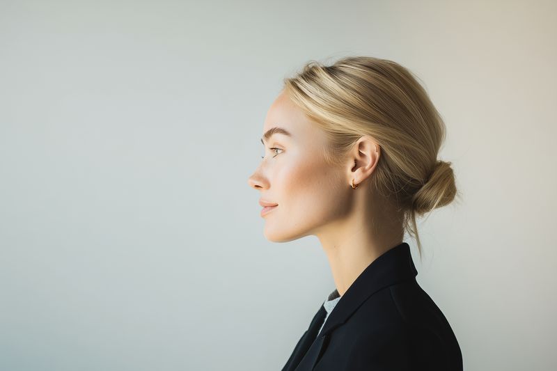 Profile portrait of a young woman with blonde hair in a neat bun wearing a dark blazer against a neutral background, conveying professionalism, calm focus and modern elegance.