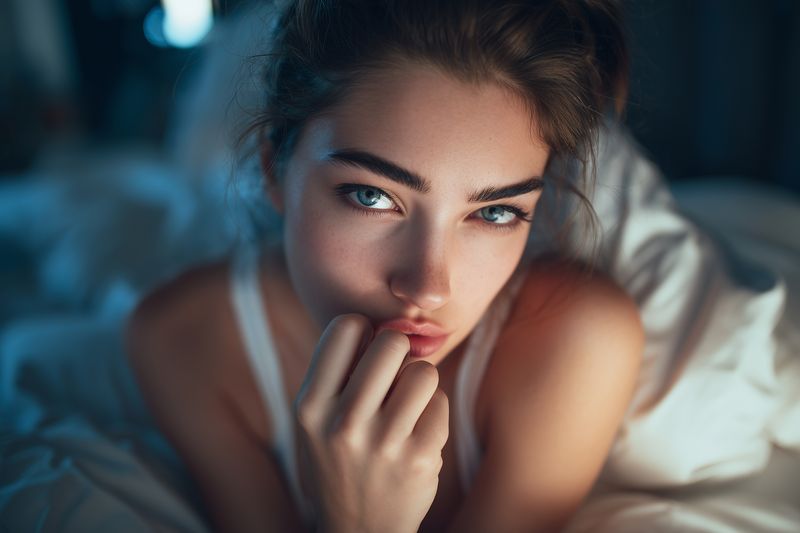Intimate portrait of a woman lying in bed under soft moody lighting, looking directly at the camera with a thoughtful expression, capturing quiet evening beauty and calm atmosphere.