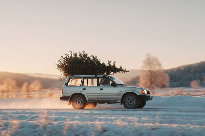 An older SUV drives across a snow covered road at golden hour, kicking up powdery snow while moving swiftly through a serene winter landscape with soft warm light.