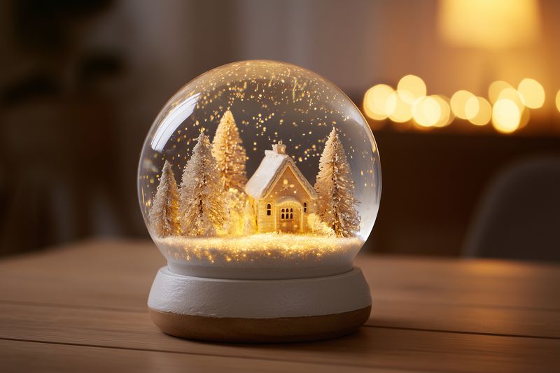 A glowing snow globe featuring a miniature house and fir trees dusted with glittering snow, softly illuminated by warm ambient lights to create a cozy festive winter scene on wood.