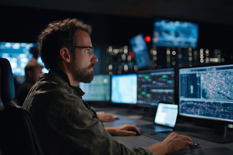 Focused operator monitors multiple high resolution screens in a dark control room, analyzing data and maps for surveillance and network operations in a modern technology environment.