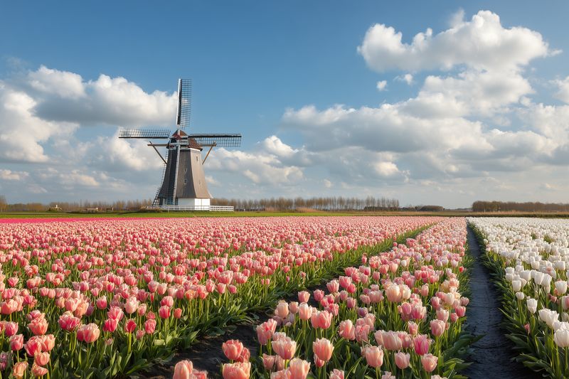Rows of pink and white tulip fields stretch toward a traditional windmill under a blue sky with fluffy clouds, creating a serene spring landscape scene.