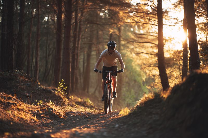 A lone cyclist rides a mountain bike along a sunlit forest trail at golden hour, navigating roots and ruts while surrounded by tall trees and warm backlit atmosphere.