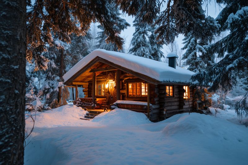A cozy rustic log cabin nestled in a snow-covered pine forest at dusk, warm golden lights glowing from windows and a lantern, creating a tranquil and inviting winter scene.