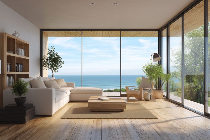 Modern minimalist living room with panoramic floor-to-ceiling glass windows revealing a bright ocean view, wooden floors, neutral sofa and natural greenery creating serene atmosphere.