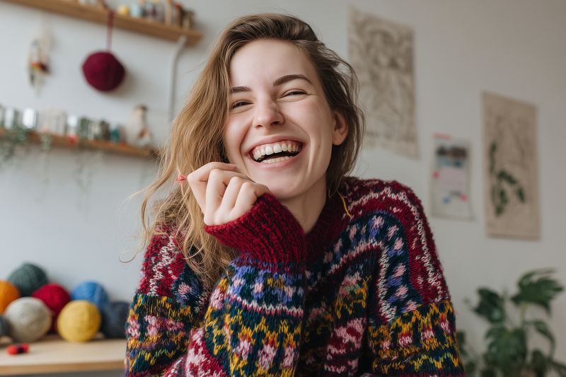 Young woman laughing warmly while wearing a colorful knitted sweater in a cozy home studio surrounded by yarn and craft supplies, conveying joy, comfort, and creative energy.