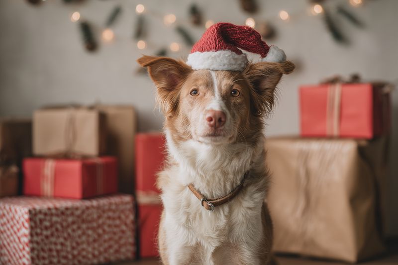 Adorable dog wearing a Santa hat sits among wrapped holiday gifts and soft twinkle lights, creating a warm festive scene ideal for Christmas cards, seasonal promotions, and pet holiday content.