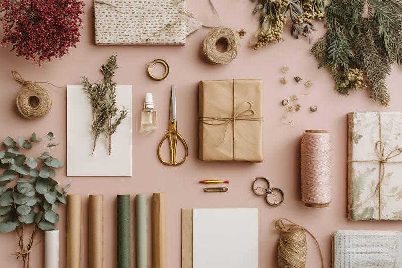 Flat lay of natural gift wrapping supplies arranged on a soft neutral background, featuring kraft paper, twine, scissors, dried foliage, ribbons and decorative stationery elements.